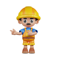 3d personagem construtor apontando dedos dentro direção pose. 3d render isolado em transparente pano de fundo. png