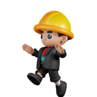 3d Character Engineer Jumping Pose. 3d render isolated on transparent backdrop. png