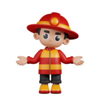 3d Character Firefighter Doing The No Idea Pose. 3d render isolated on transparent backdrop. png