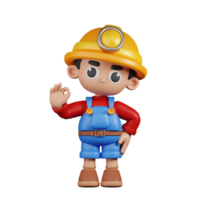 3d personagem mineiro dando Está bem placa pose. 3d render isolado em transparente pano de fundo. png