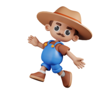 3d Character Farmer Happy Jumping Pose. 3d render isolated on transparent backdrop. png