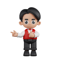 3d Character Waitress Pointing Fingers In Direction Pose. 3d render isolated on transparent backdrop. png