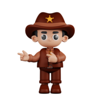 3d Character Sheriff Pointing Fingers In Direction Pose. 3d render isolated on transparent backdrop. png