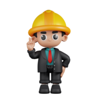 3d Character Engineer Pointing Up Pose. 3d render isolated on transparent backdrop. png