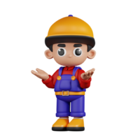 3d Character Mechanic Confused Pose. 3d render isolated on transparent backdrop. png