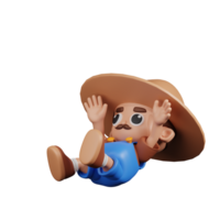 3d Character Farmer Falling Pose. 3d render isolated on transparent backdrop. png