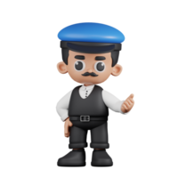 3d Character Driver Pointing Next Pose. 3d render isolated on transparent backdrop. png