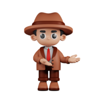 3d Character Detective Pointing To Something Pose. 3d render isolated on transparent backdrop. png