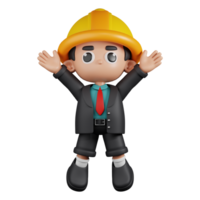 3d Character Engineer Jumping Celebration Pose. 3d render isolated on transparent backdrop. png
