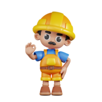 3d personagem construtor dando Está bem placa pose. 3d render isolado em transparente pano de fundo. png