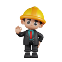 3d Character Engineer Giving Ok Sign Pose. 3d render isolated on transparent backdrop. png