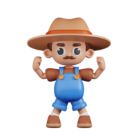 3d Character Farmer Looking Strong Pose. 3d render isolated on transparent backdrop. png