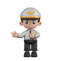 3d personagem piloto apontando dedos dentro direção pose. 3d render isolado em transparente pano de fundo. png