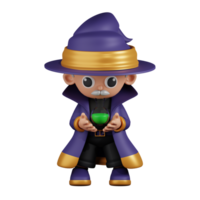 3d Character Wizard Holding Potion Pose. 3d render isolated on transparent backdrop. png