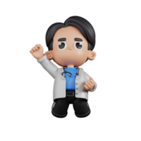 3d Character Doctor Jumping In The Air Pose. 3d render isolated on transparent backdrop. png