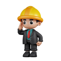 3d Character Engineer Giving Salute Pose. 3d render isolated on transparent backdrop. png