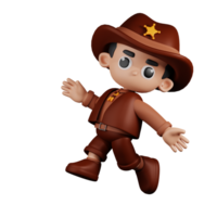 3d Character Sheriff Happy Jumping Pose. 3d render isolated on transparent backdrop. png