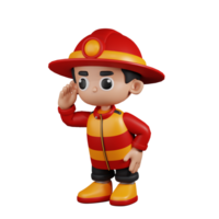 3d Character Firefighter Looking Pose. 3d render isolated on transparent backdrop. png