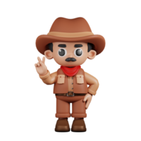 3d personnage cow-boy montrant paix signe pose. 3d rendre isolé sur transparent toile de fond. png