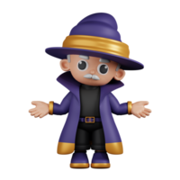 3d Character Wizard Doing The No Idea Pose. 3d render isolated on transparent backdrop. png