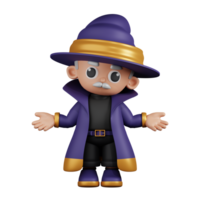 3d Character Wizard Doing The No Idea Pose. 3d render isolated on transparent backdrop. png