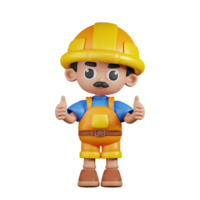 3d personagem construtor dando uma polegar acima pose. 3d render isolado em transparente pano de fundo. png