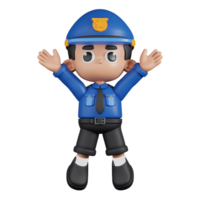 3d Character Policeman Jumping Celebration Pose. 3d render isolated on transparent backdrop. png