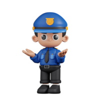 3d Character Policeman Confused Pose. 3d render isolated on transparent backdrop. png