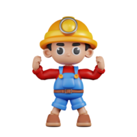 3d Character Miner Looking Strong Pose. 3d render isolated on transparent backdrop. png