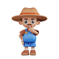 3d Character Farmer Curious Pose. 3d render isolated on transparent backdrop. png