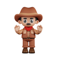 3d Character Cowboy Giving Ok Hand Gesture Pose. 3d render isolated on transparent backdrop. png