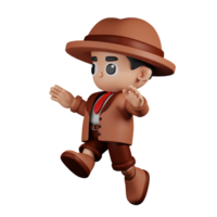 3d Character Detective Jumping Pose. 3d render isolated on transparent backdrop. png