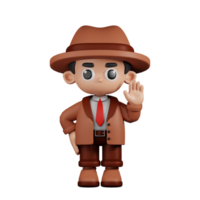 3d Character Detective Hands Up Pose. 3d render isolated on transparent backdrop. png