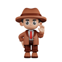 3d karakter detective handen omhoog houding. 3d geven geïsoleerd Aan transparant achtergrond. png