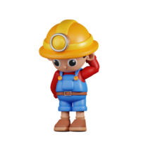3d Character Miner Worry Pose. 3d render isolated on transparent backdrop. png