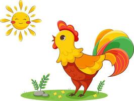 Bright colorful rooster stand on lawn and crow to the sun. Vector illustration for babies and children on transparent background