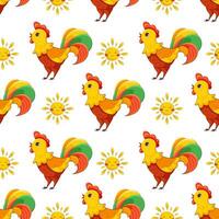 Children's pattern with colorful cock and smiling sun on white background. Vector pattern for goods, fabrics, toys