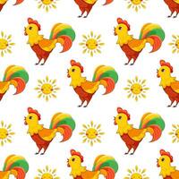 Children's pattern with colorful cock and smiling sun on white background. Vector pattern for goods, fabrics, toys