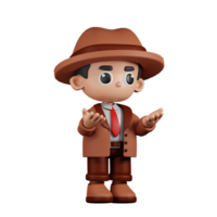 3d Character Detective Angry Pose. 3d render isolated on transparent backdrop. png