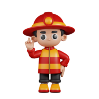 3d Character Firefighter Pointing Up Pose. 3d render isolated on transparent backdrop. png