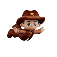 3d Character Sheriff Flying Pose. 3d render isolated on transparent backdrop. png