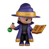 3d Character Wizard Reading A Spellbook While Holding Potion Pose. 3d render isolated on transparent backdrop. png