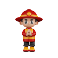 3d Character Firefighter Apologizing Pose. 3d render isolated on transparent backdrop. png