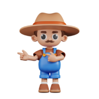 3d personagem agricultor apontando dedos dentro direção pose. 3d render isolado em transparente pano de fundo. png