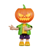 3d personaggio zucca puntamento dita nel direzione posa. 3d rendere isolato su trasparente sfondo. png