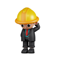 3d Character Engineer Worry Pose. 3d render isolated on transparent backdrop. png