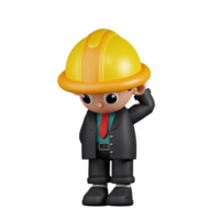 3d Character Engineer Worry Pose. 3d render isolated on transparent backdrop. png