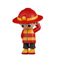 3d Character Firefighter Worry Pose. 3d render isolated on transparent backdrop. png