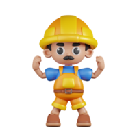 3d personagem construtor olhando Forte pose. 3d render isolado em transparente pano de fundo. png