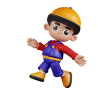 3d Character Mechanic Happy Jumping Pose. 3d render isolated on transparent backdrop. png
